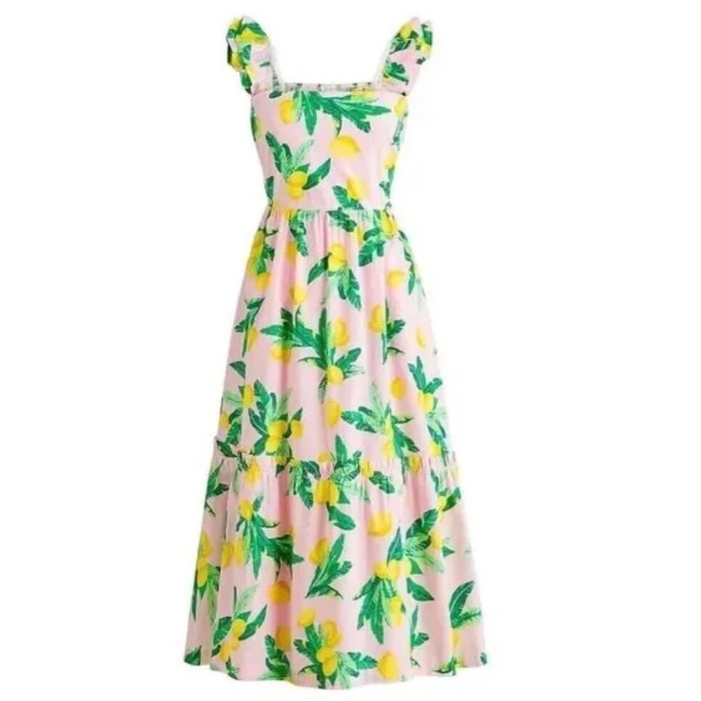 J. Crew sz 20 Lemon print pink sundress maxi midi ruffle pockets square neck